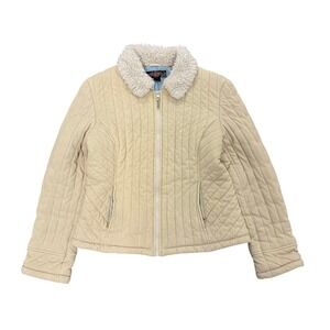 Vintage‎ Y2K Mudd Quilted Faux Fur Suede Sherpa Collar Jacket Cream Size Medium